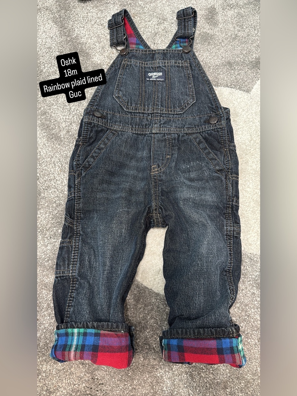 OshKosh B'gosh Dark Wash Denim Overalls with Rainbow Plaid Cuffs